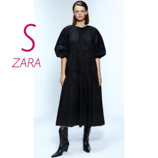 ザラ(ZARA)の新品未使用　ZARA ギャザー　ティアード　ロング　ミモレ丈　ワンピース　S(ロングワンピース/マキシワンピース)