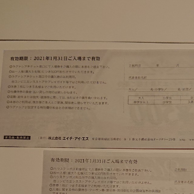 his ラグナシア入場割り引き券 3枚 チケットの優待券/割引券(その他)の商品写真