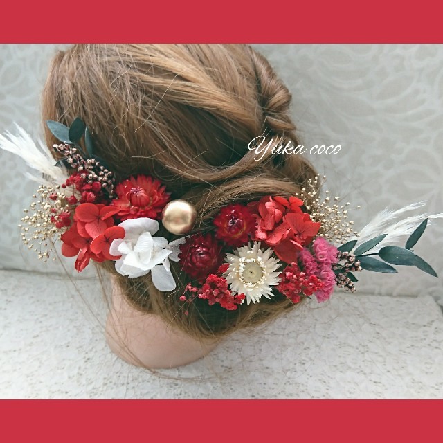 和装 ドライフラワー ヘッドドレス 髪飾り❁¨̮赤 卒業式 結婚式 成人式