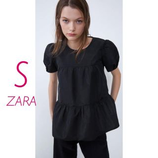 ザラ(ZARA)の新品未使用　ZARA リボン　ティアード　フリル　パフスリーブ　ブラウス　S 黒(シャツ/ブラウス(半袖/袖なし))