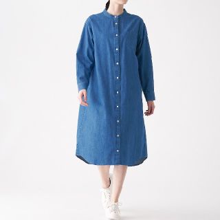 ムジルシリョウヒン(MUJI (無印良品))の◆新品◆無印良品 インド綿デニムスタンドカラーワンピース／M～L／ネイビー(ひざ丈ワンピース)