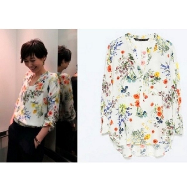 ZARA(ザラ)のZARAザラ　花柄　ボタニカル柄　レーヨンシフォンブラウス　M　田丸麻紀着用 レディースのトップス(シャツ/ブラウス(長袖/七分))の商品写真