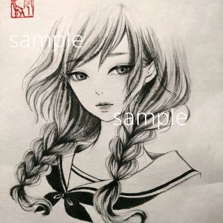 ポストカード 水墨画 墨絵 セーラー服 三つ編み 絵画