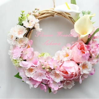 フラワーリース☆ふわふわ癒しのピンク♪桜と紫陽花の花籠風ハーフリース(リース)