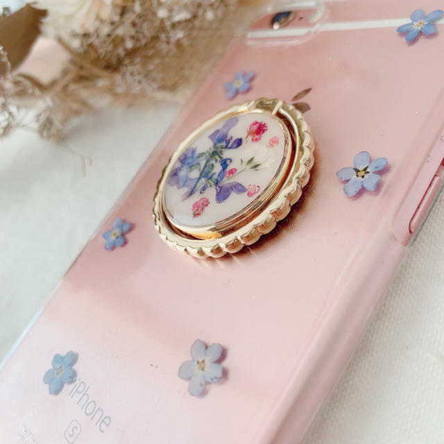 忘れな草押し花ケース　スマホリング付 ハンドメイドのスマホケース/アクセサリー(スマホケース)の商品写真