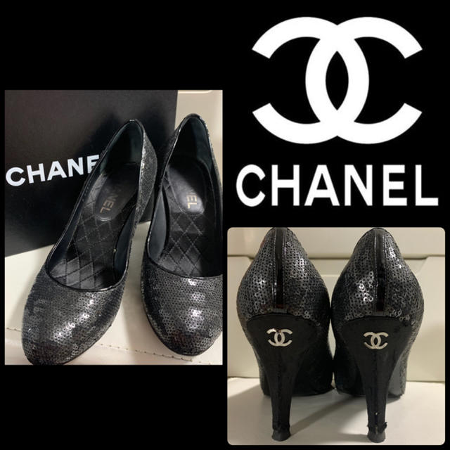 CHANEL ブラックスパンコール  アイコンヒール　パンプスtonashoes