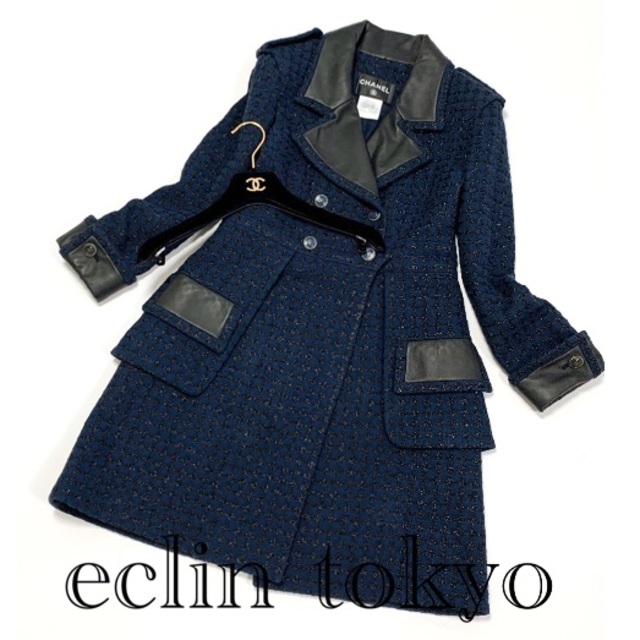 【超特価sale開催!】 CHANEL - E1900 コート ロング 《ラメ織りツイード》レザー シャネル 定価約90万 ロングコート