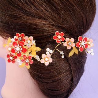 リリーローズ様専用　彫金かんざし(七宝焼風赤いお花とピンクのお花)(ヘアピン)