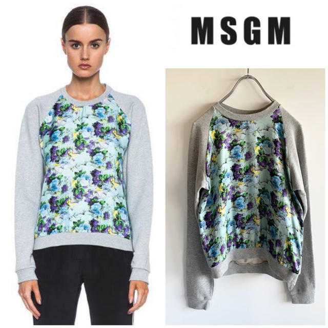 MSGM(エムエスジイエム)のMSGM マルチプリント シルク切替クルーネックスウェット グレー XS レディースのトップス(トレーナー/スウェット)の商品写真