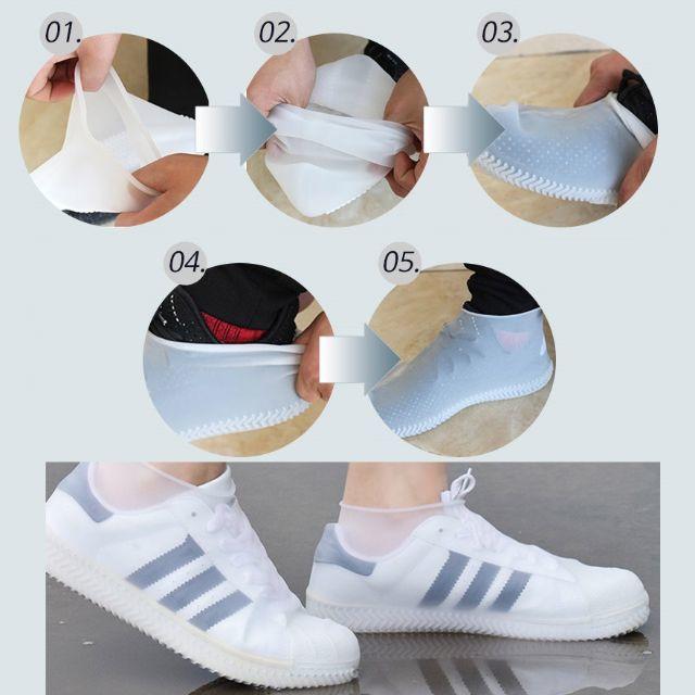 白(サイズM) シリコン シューズカバー レインシューズ 防水 靴カバー 雨の日 レディースの靴/シューズ(レインブーツ/長靴)の商品写真