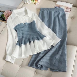 シャツトップスとニットスカートSET(ひざ丈スカート)