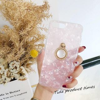 アイフォーン(iPhone)のシェル貝殻のiPhone5sピンクケース 真珠のバンカーリング付き(iPhoneケース)