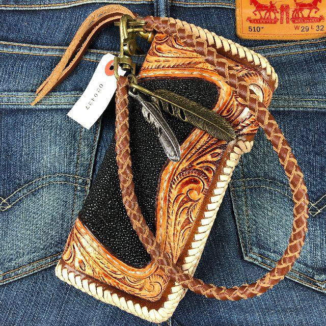 カービング コンチョ メンズ 長財布 牛革 スティングレイ レザー ハンドメイド 1