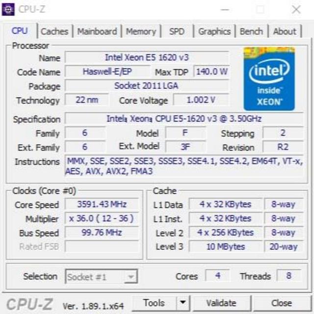 CPU intel Xeon E5-1620 V3 4c8t 動作確認済