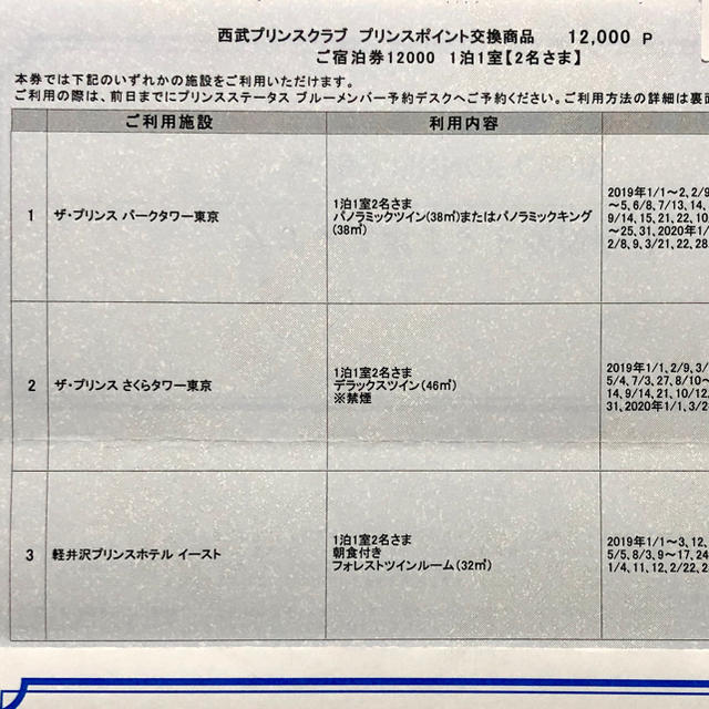 ザプリンスさくらタワー等 12000ポイント宿泊券-