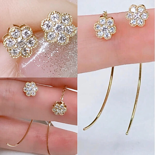 キラキラ✨ミル打ちフラワー 揺れるダイヤモンドフックピアス0.36ct