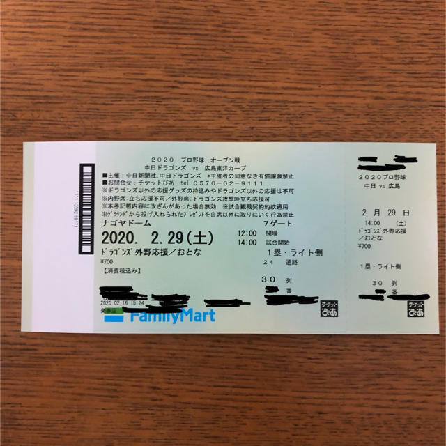 2月29日中日vs広島ナゴヤドームライト側外野席大人 チケットのスポーツ(野球)の商品写真