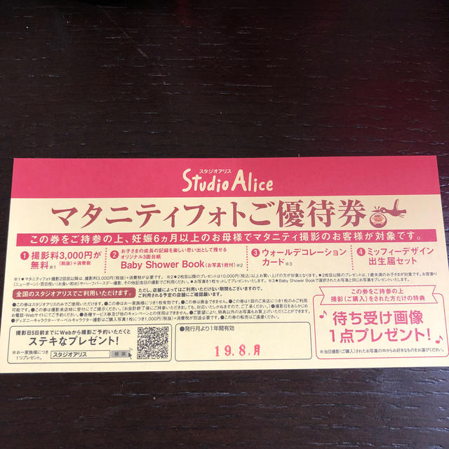 スタジオアリス　マタニティフォト優待券 チケットの優待券/割引券(その他)の商品写真