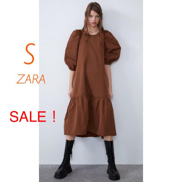 ZARA(ザラ)の新品未使用　ZARA パフスリーブ　フリル  フレア　膝丈　ワンピース  S レディースのワンピース(ひざ丈ワンピース)の商品写真