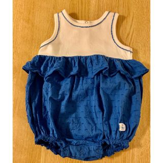 プチバトー(PETIT BATEAU)のpetit bateau   ノースリーブ　ロンパース　リネン  青　12m  (ロンパース)