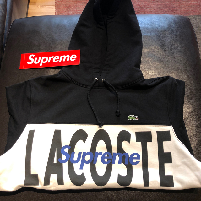 新品黒S LACOSTE LogoPanel Hooded Sweatshirt