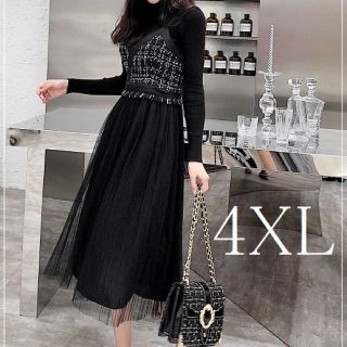 4XL☆春服☆チュール☆ツイード☆ワンピース☆ひざ丈☆チュールドレス☆ブラック(ひざ丈ワンピース)