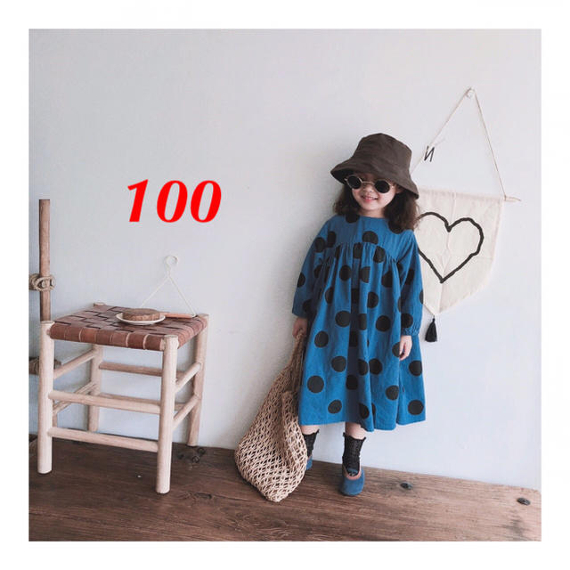 ☆100cm☆ ロング丈ドット柄 ワンピース  ブルー  新品 キッズ/ベビー/マタニティのキッズ服女の子用(90cm~)(ワンピース)の商品写真