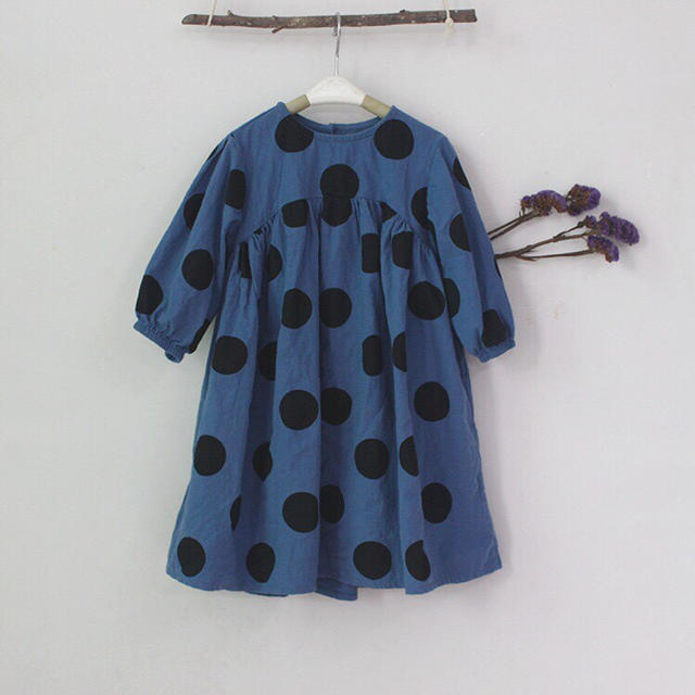 ☆100cm☆ ロング丈ドット柄 ワンピース  ブルー  新品 キッズ/ベビー/マタニティのキッズ服女の子用(90cm~)(ワンピース)の商品写真