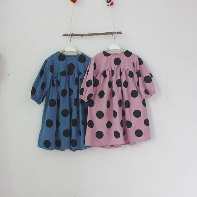 ☆100cm☆ ロング丈ドット柄 ワンピース  ブルー  新品 キッズ/ベビー/マタニティのキッズ服女の子用(90cm~)(ワンピース)の商品写真