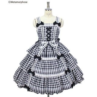 メタモルフォーゼタンドゥフィーユ(metamorphose temps de fille)の【人気商品値引】３段フリルジャンパースカート (ギンガム)黒(ひざ丈ワンピース)