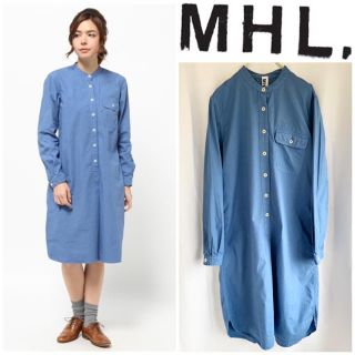 マーガレットハウエル(MARGARET HOWELL)のMHL. NATURAL DYE POPLIN バンドカラーワンピース サイズⅡ(ロングワンピース/マキシワンピース)