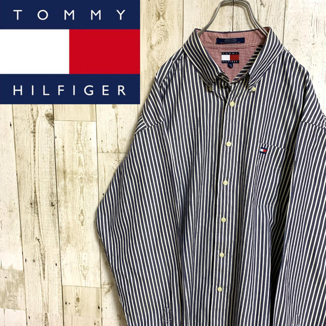 TOMMY HILFIGER(トミーヒルフィガー)の【オールドトミー】トミーヒルフィガー☆ロゴ刺繍ストライプBDシャツ XXL メンズのトップス(シャツ)の商品写真