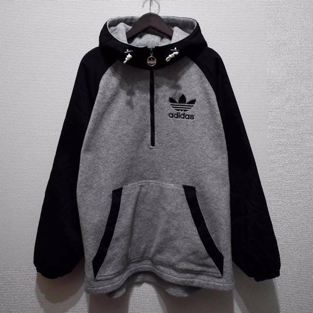 adidasフリースハーフジップパーカー デサント製90s ビッグロゴ