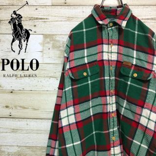 ラルフローレン(Ralph Lauren)のポロ ラルフローレン☆レザーロゴ チェック BD シャツ カーキ レッド (ブラウス)