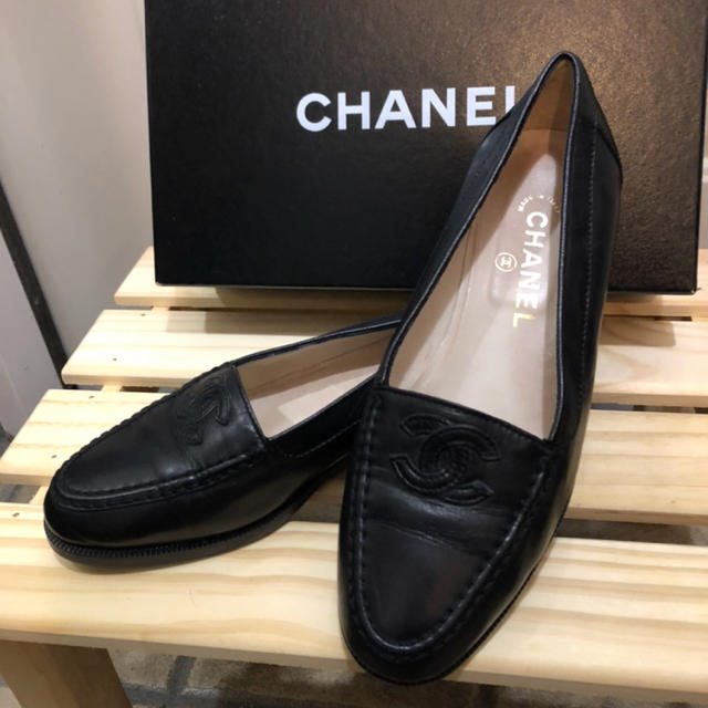 シャネル CHANEL ラムスキン ココマーク ローファー シューズ 黒 38