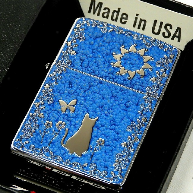 ZIPPO(ジッポー)の送料無料☆zippo☆両面加工☆キャット＆フラワーガーデン☆ブルー☆ジッポ メンズのファッション小物(タバコグッズ)の商品写真