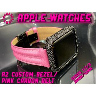 アップルウォッチ(Apple Watch)のピンクカーボンxブラックベゼル◉アップルウォッチカスタムカバーベルトセット(レザーベルト)