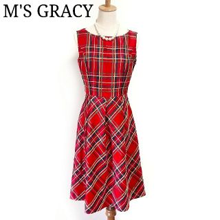 エムズグレイシー(M'S GRACY)の美品 M'S GRACY ワンピース ノースリーブ チェック柄 シルク混 38(ロングワンピース/マキシワンピース)