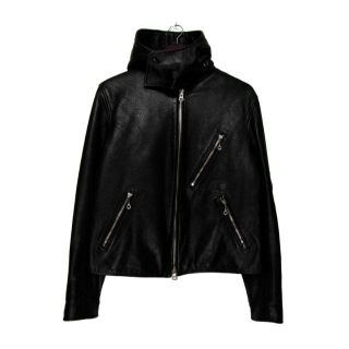 ヨウジヤマモト(Yohji Yamamoto)のヨウジヤマモト プールオム■18AWフード付き袖ロゴレザーライダースジャケット(レザージャケット)