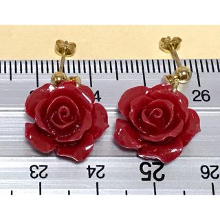 赤珊瑚 薔薇 K18刻印 ピアス キャッチ セット プレゼント袋付き(ピアス)