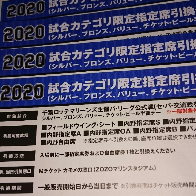 千葉ロッテ 試合カテゴリ限定引換券 4枚