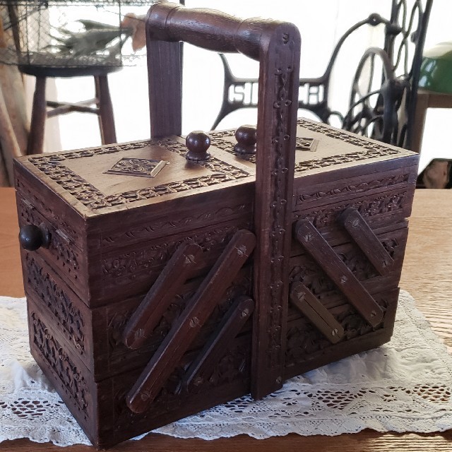 アンティーク レトロ 三段 木製ソーイングボックス 裁縫箱 - ケース ...