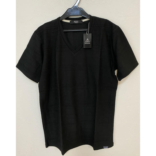 AZUL by moussy(アズールバイマウジー)のジャガードボーダー天竺半袖VネックT AZUL メンズ M ブラック メンズのトップス(Tシャツ/カットソー(半袖/袖なし))の商品写真