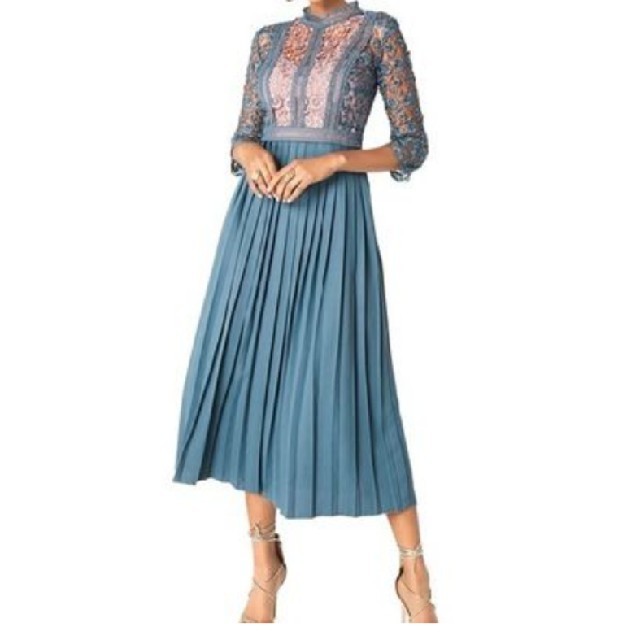 プリーツ　クロシェレースドレス レディースのフォーマル/ドレス(ミディアムドレス)の商品写真