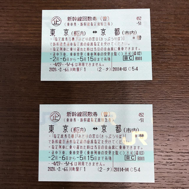 東京↔️静岡 新幹線チケット２回分