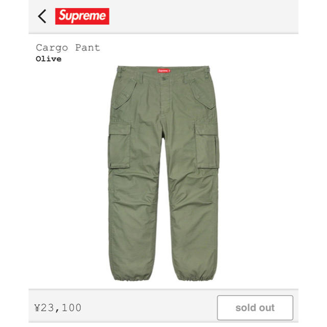 3年保証 即日出荷 Supreme カーゴパンツ オリーブ 30インチ 2020SS