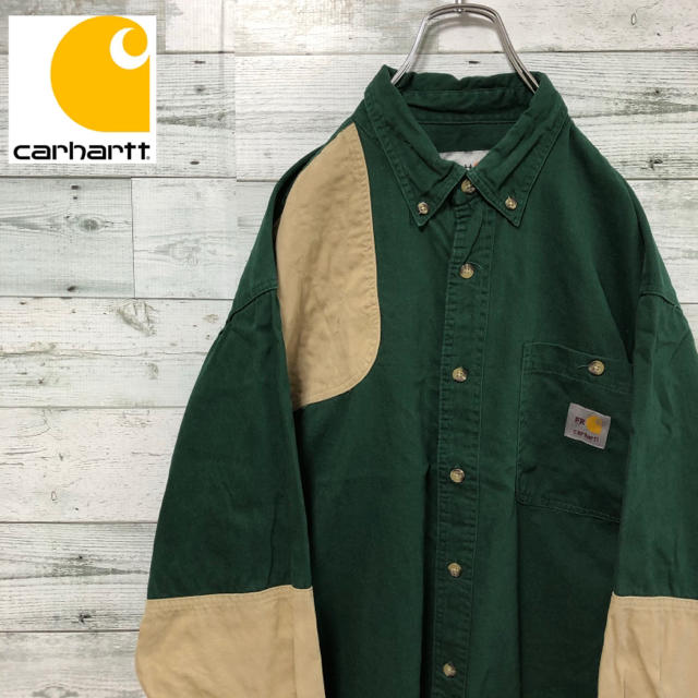 【希少】Carhartt☆切替 バイカラー アシンメトリー  緑  BDシャツ