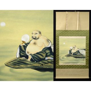 【模写】掛軸 寿仙『船上布袋』絹本 肉筆 共箱付 掛け軸 a061815