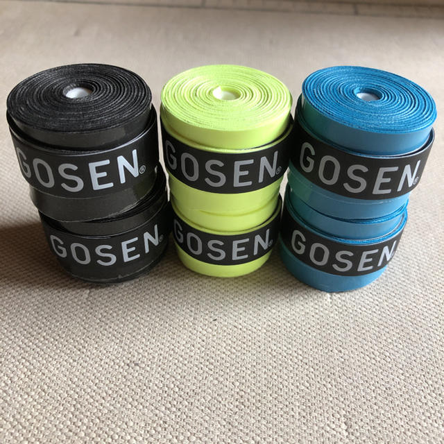 GOSEN(ゴーセン)のGOSENグリップテープ黒フラッシュイエロー青 各2個 計6個 スポーツ/アウトドアのスポーツ/アウトドア その他(バドミントン)の商品写真