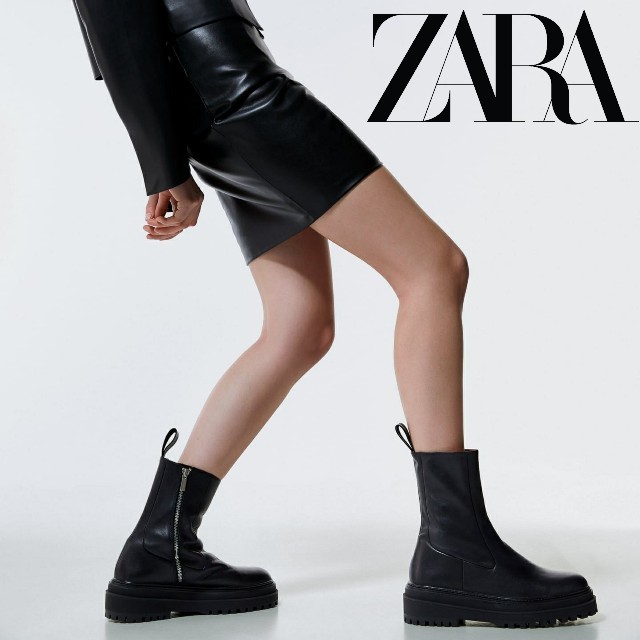 ZARA　(37)　レザートラックアンクルブーツ　フラットレザーアンクルブーツ